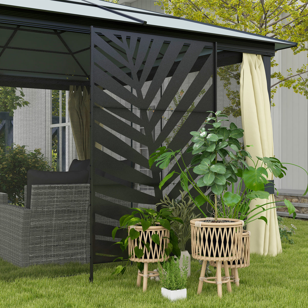 Decorative Privacy Screen with Stand, 6.5FT Freestanding Metal Outdoor Divider, Decorative Privacy Panel with Expansion Screws for Garden Patio Pool Hot Tub, Banana Leaf Style, Black