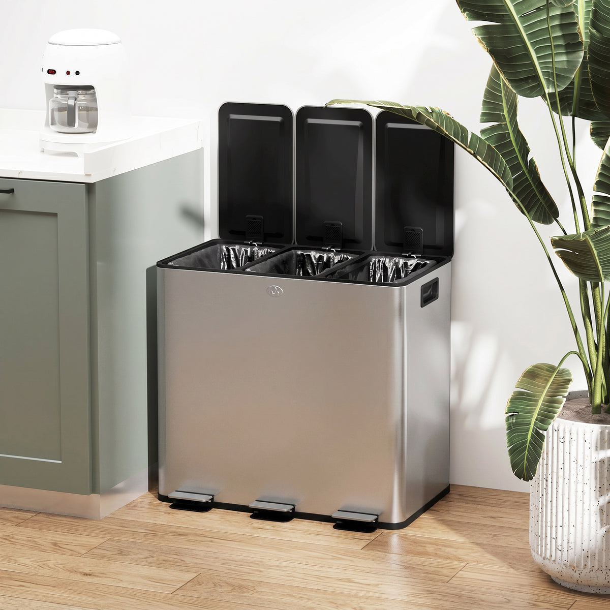 3 x 15L Pedal Bin, Steel Triple Kitchen Bin with Soft Close Lid, Removable Inner Buckets, Fingerprint-Proof, Silver Tone