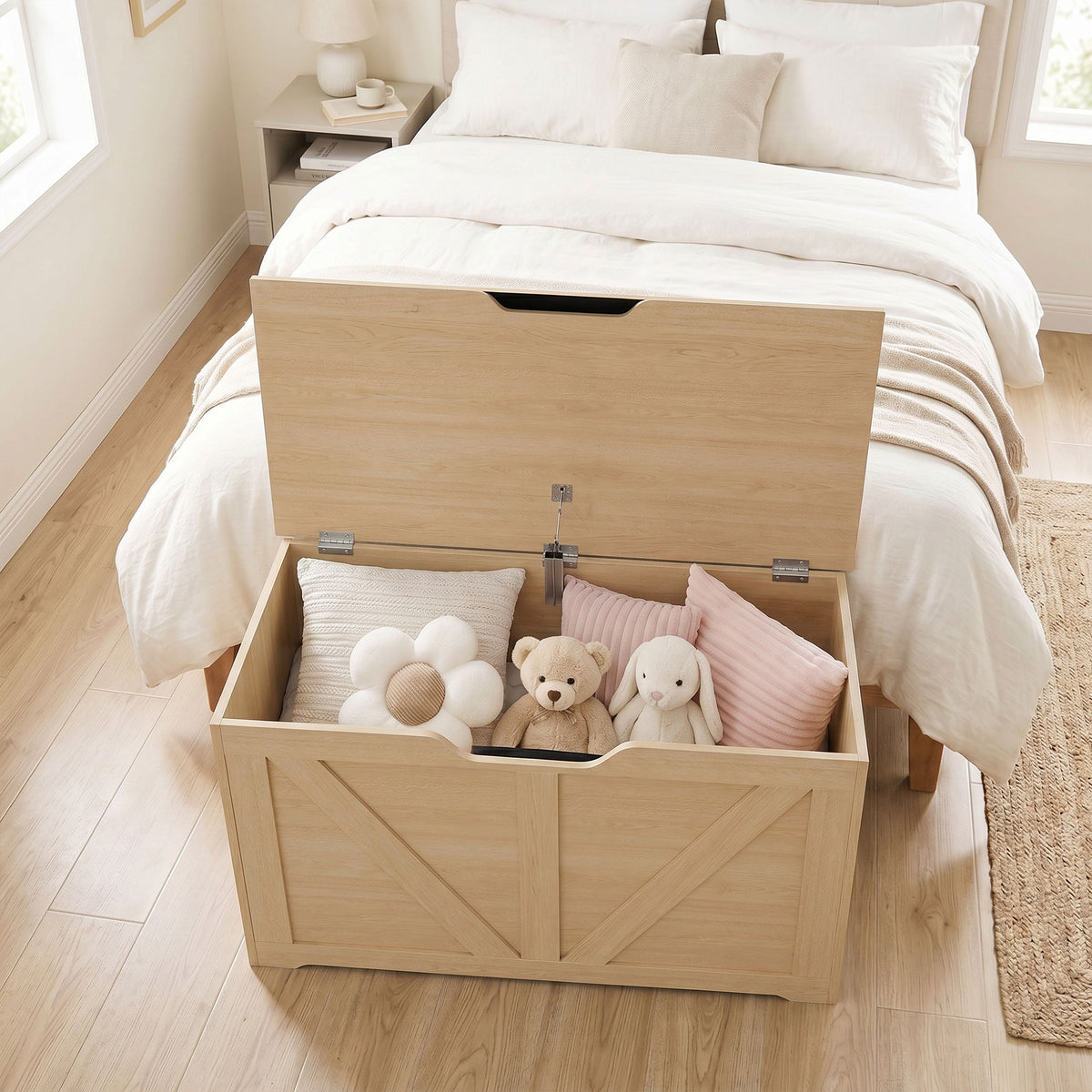 100L Home Storage Box, with Safety Hinge - Nature Wood Finish