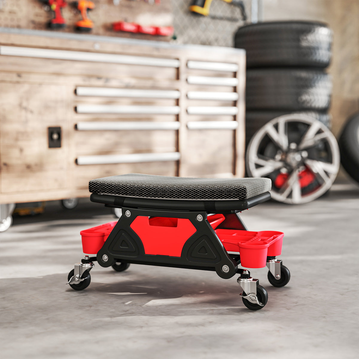 Rolling Mechanic Stool, 135kg Capacity Workshop Stool, 360° Swivel Roller Padded Creeper Seat with Wheels, Slide Out Tool Trays and Drawer for Garage, Shop, Auto Repair, Black