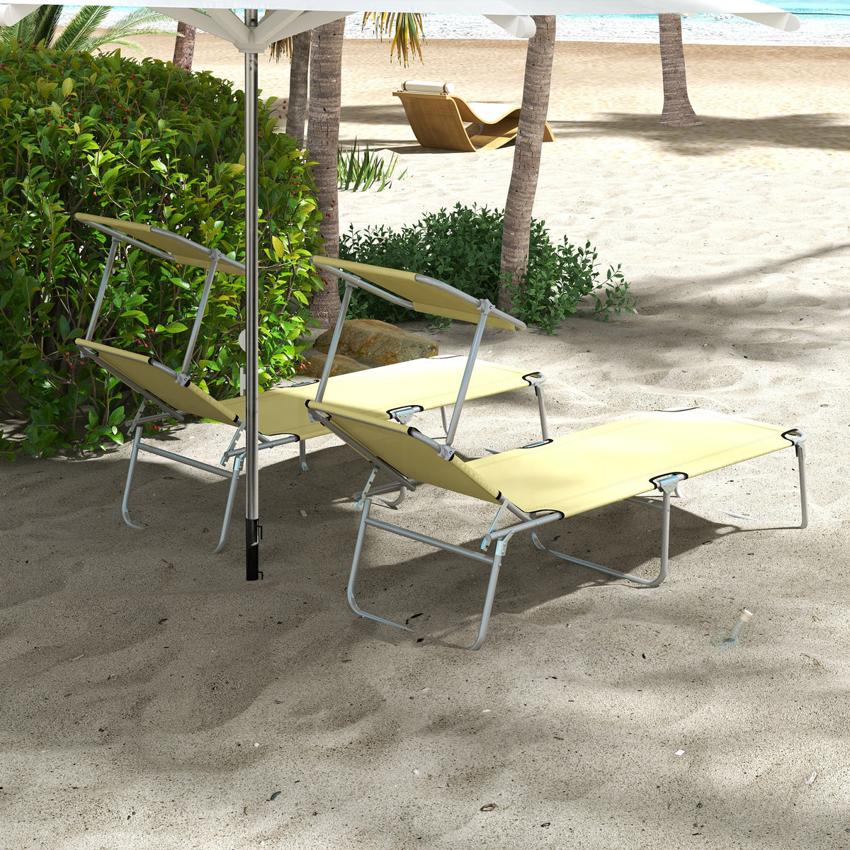 Folding Sun Lounger Set of 2 with Canopy, Reclining Sunbed with 4-Position Adjustable Backrest, 600D Oxford Cloth, Portable Garden Lounger Recliner Chair for Beach, Camping, Patio, Beige