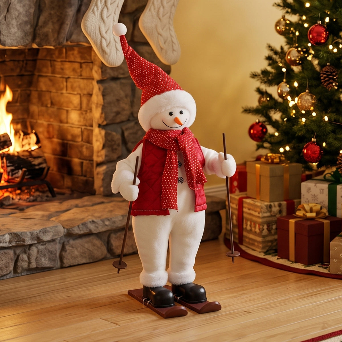 2ft Singing Skiing Santa Claus, Standing Christmas Animated Santa Figure with Ski Board, Poles, Sound/Touch Activated