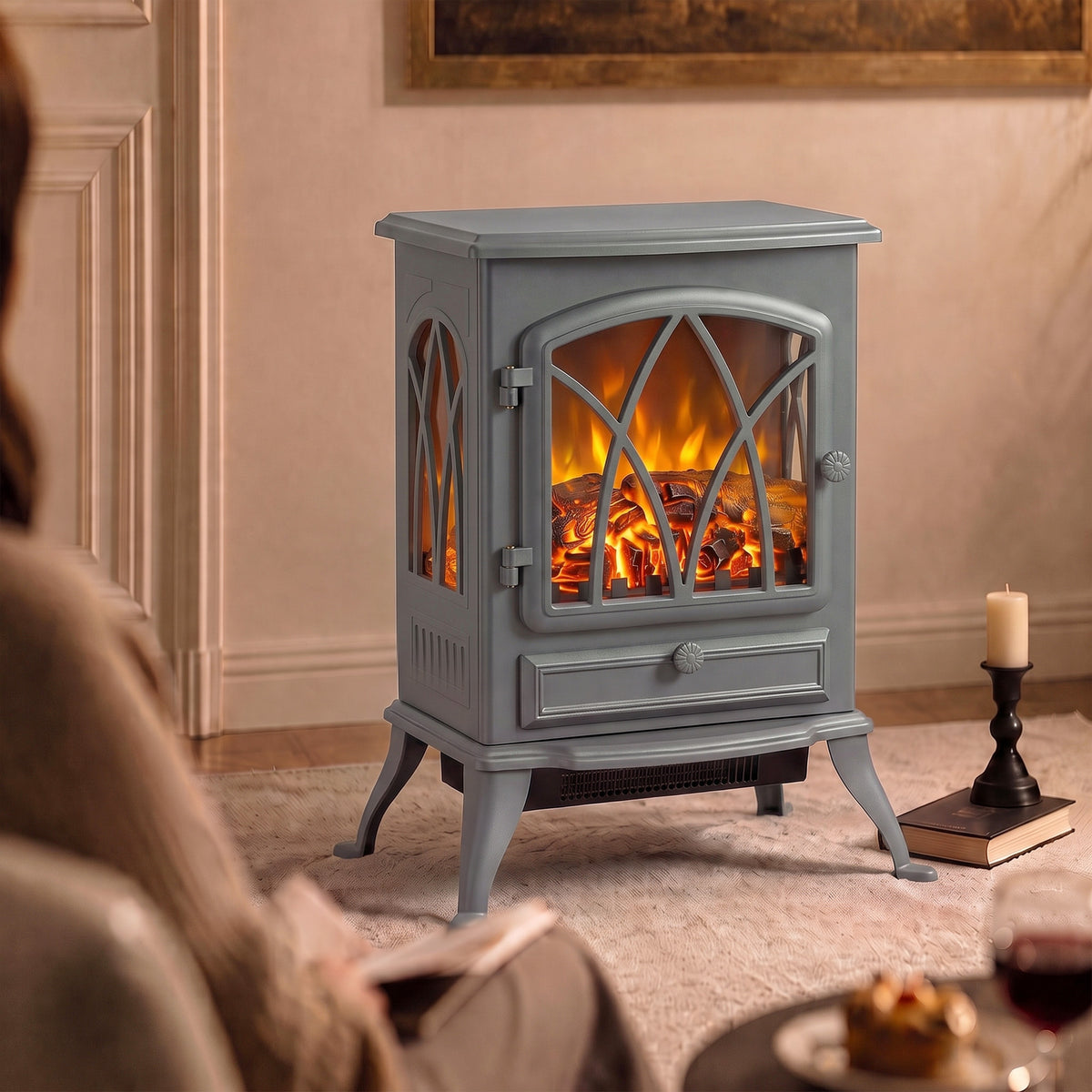1kW-2kW Vintage Electric Fireplace Heater - Grey