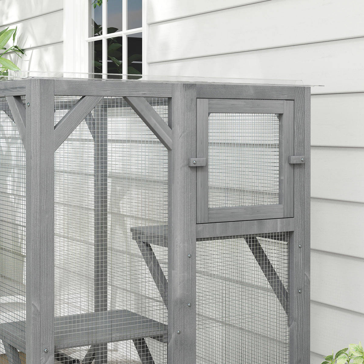 71" Outdoor Wooden Cat House with Three Platforms, Large Door, Water-Resistant Roof, for Multiple Cats, Grey