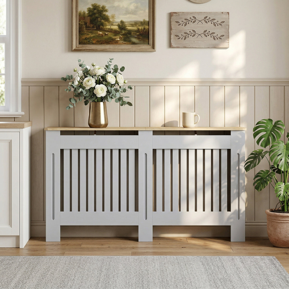 Slatted Radiator Cover, Painted Cabinet with Line Grill Design, 152W × 19D × 81H cm, Grey