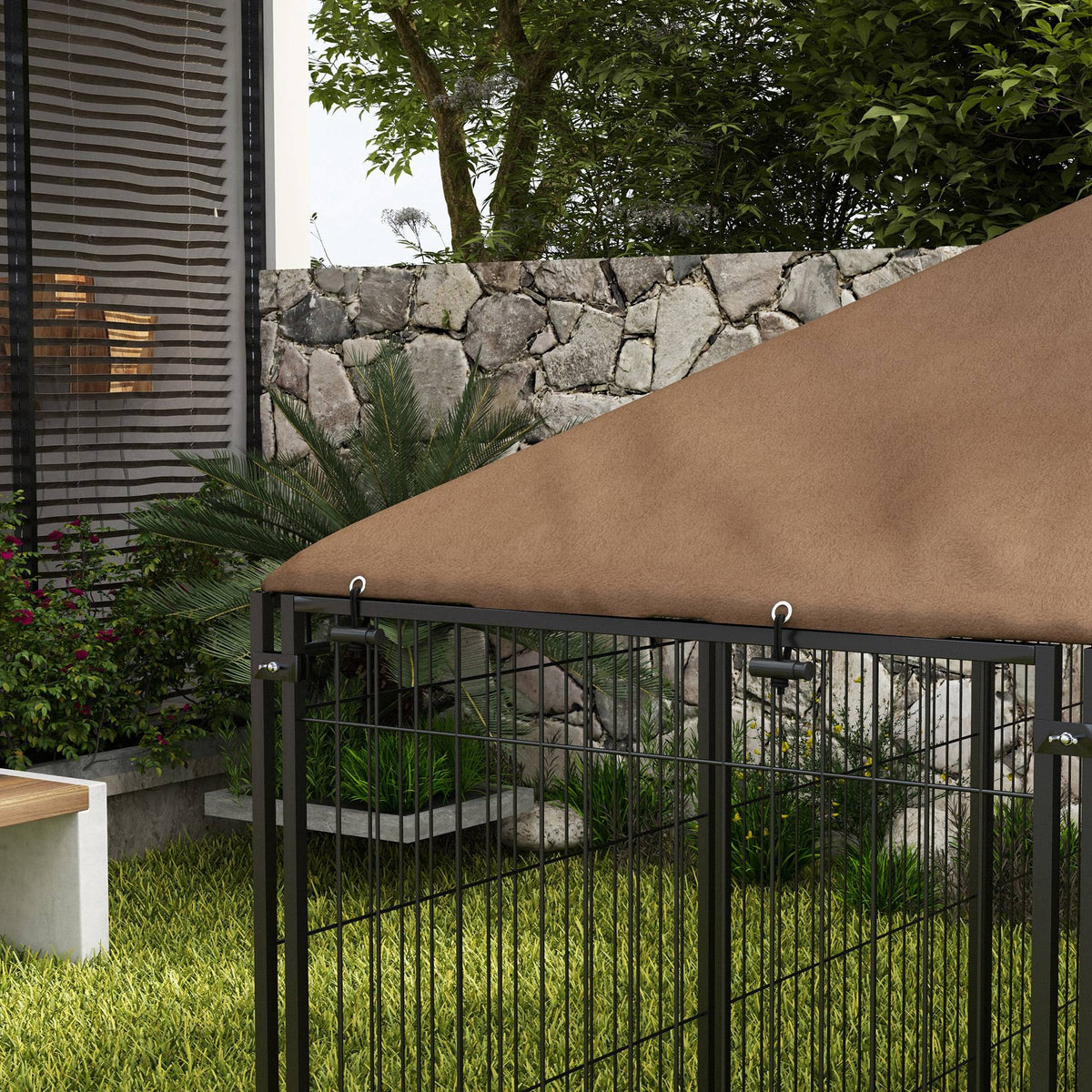 Large Dog Kennel Outdoor Dog Play Pen with Canopy Rotating Bowl for Large Dogs, Brown
