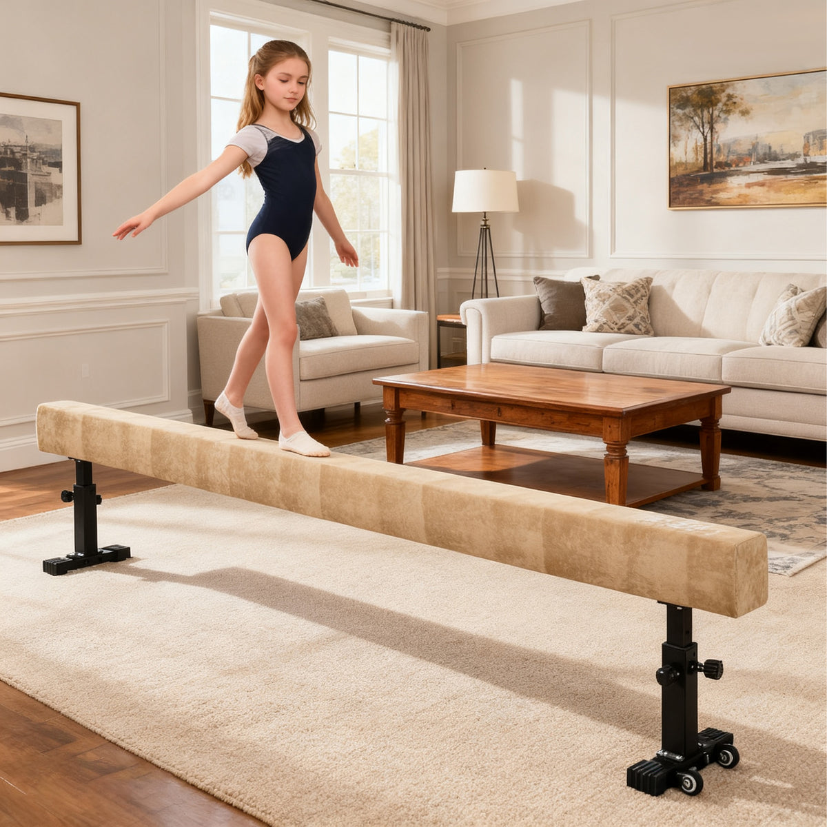 7.5ft Adjustable Balance Beam, Gymnastics Beam with Wheels, Gymnastics Equipment for 6+ Years Old Training