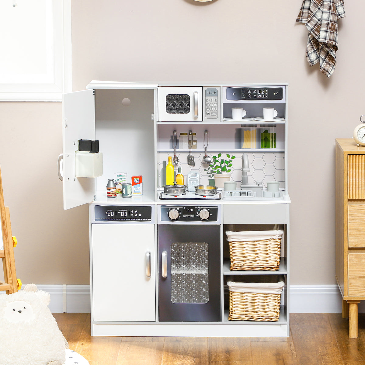 Pretend Play Toy Kitchen, Kids Kitchen Playset w/ Sounds, Lights, Running Water, Coffee Maker, Refrigerator