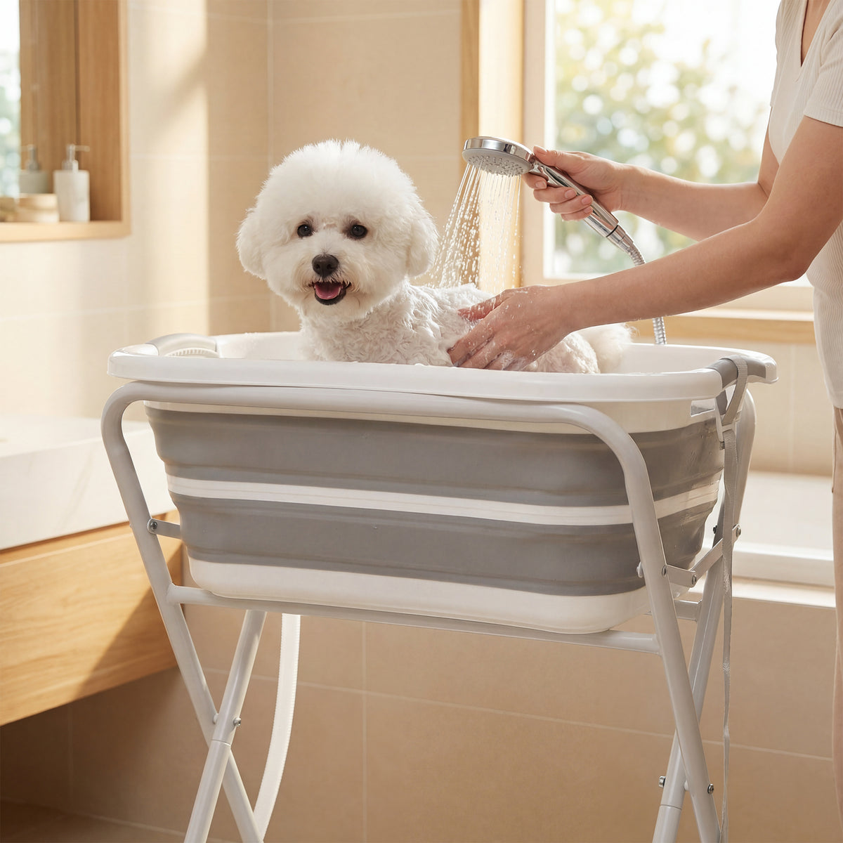 Dog Bath Tub, Portable Foldable Dog Bathtub with Stand, Drainage Hole, for Small Dogs Puppies Grey
