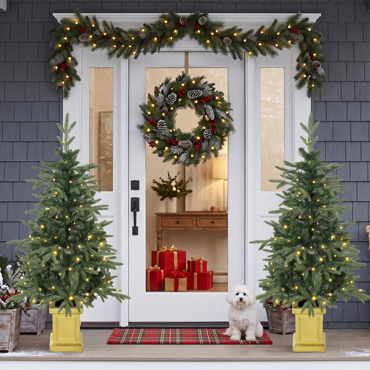 Set of 2 Prelit Christmas Trees with Dual-Colour LEDs, Remote, 4ft Artificial Aspen Fir Battery-Operated, 11 Modes, Pot