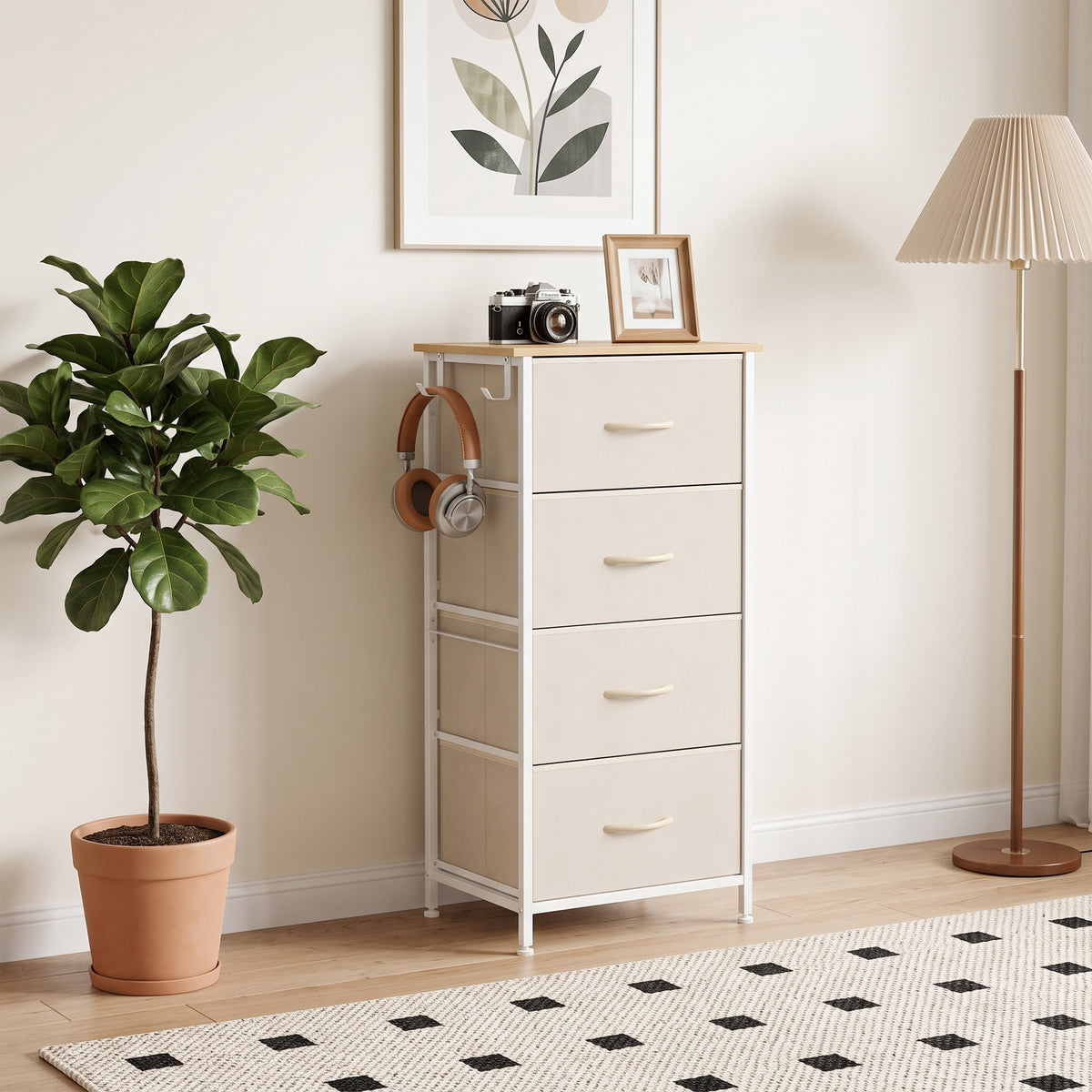 Chest of Drawers with 4 Fabric Drawers, Tall Storage Unit with 2 Hooks and Steel Frame for Bedroom, Beige