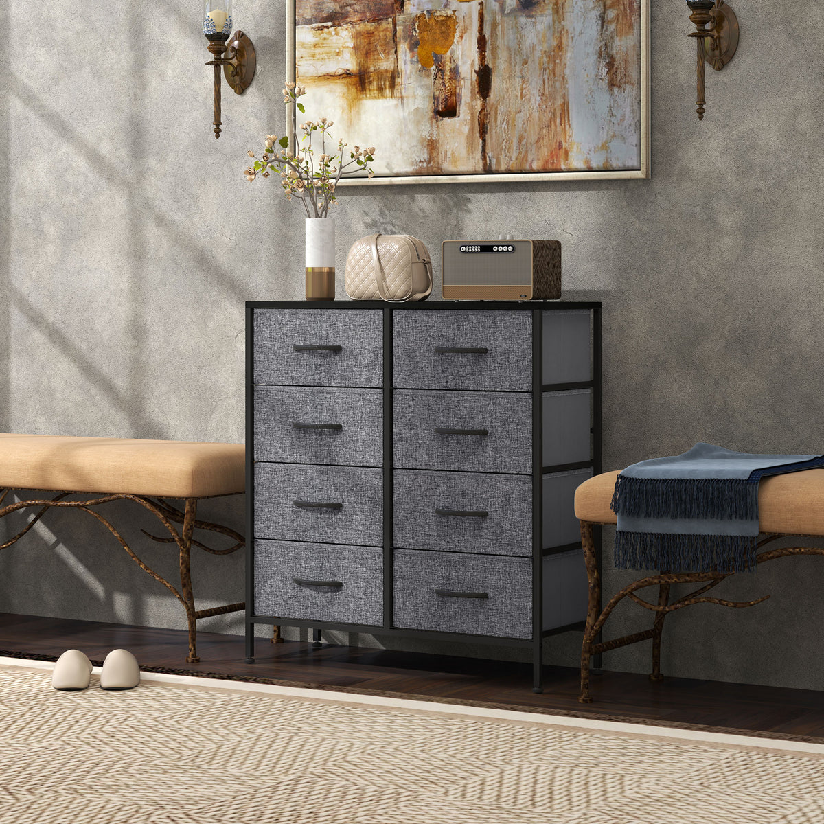 Fabric Chest of Drawers, Industrial Bedroom Dresser with 8 Fabric Drawers, Steel Frame and Wooden Top for Nursery, Living Room, Hallway, Black