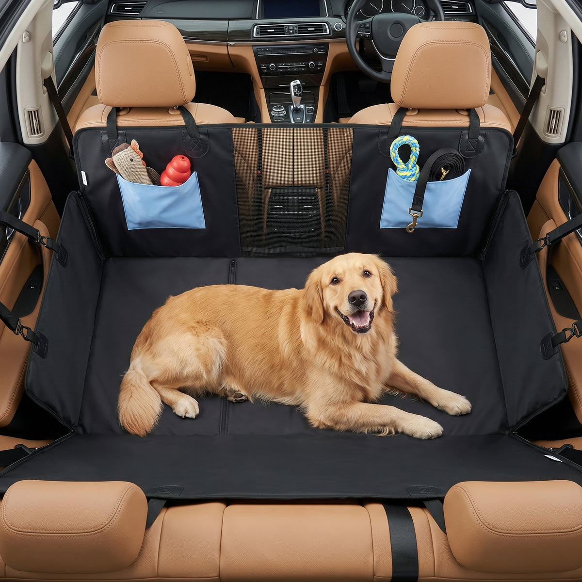 Dog Car Seat Cover, Waterproof Dog Travel Hammock w/ Non-Slip & Anti-Scratch Surface, Mesh Window and Pockets, Blue