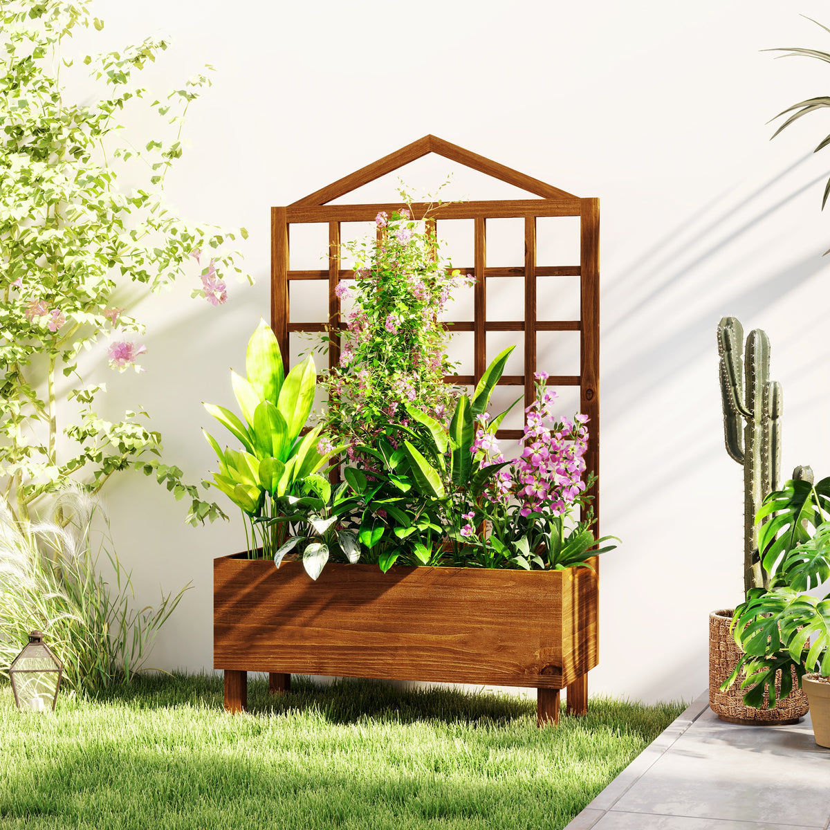 Garden Planters with Trellis for Vine Climbing, Distressed Wooden Raised Beds, 90x43x150cm, Brown