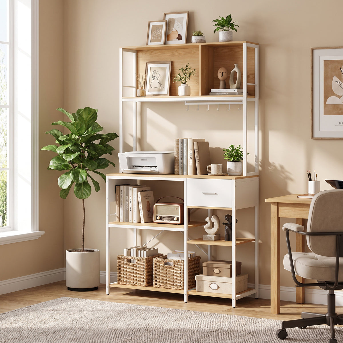 Kitchen Storage Rack with Power Outlet, USB and Type-C Ports, Drawer, Shelves and 4 Hooks, Oak and White