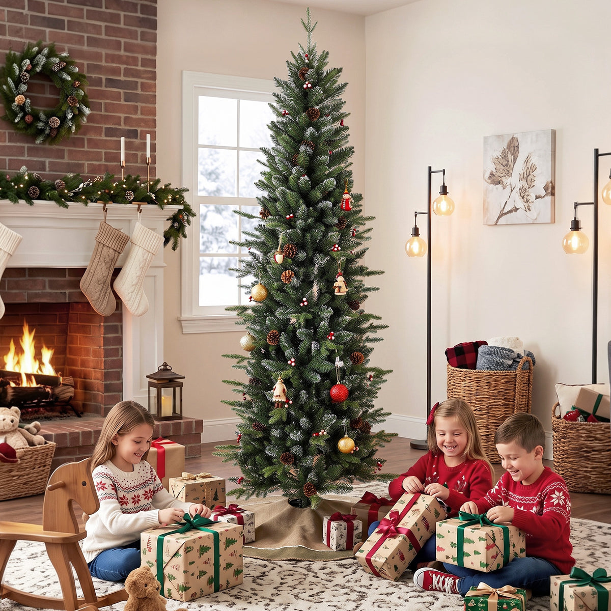 Slim Gracious Pine Xmas Tree, 7ft/210cm Artificial Christmas Tree with 904 Branch Tips, Foldable Steel Stand, Green