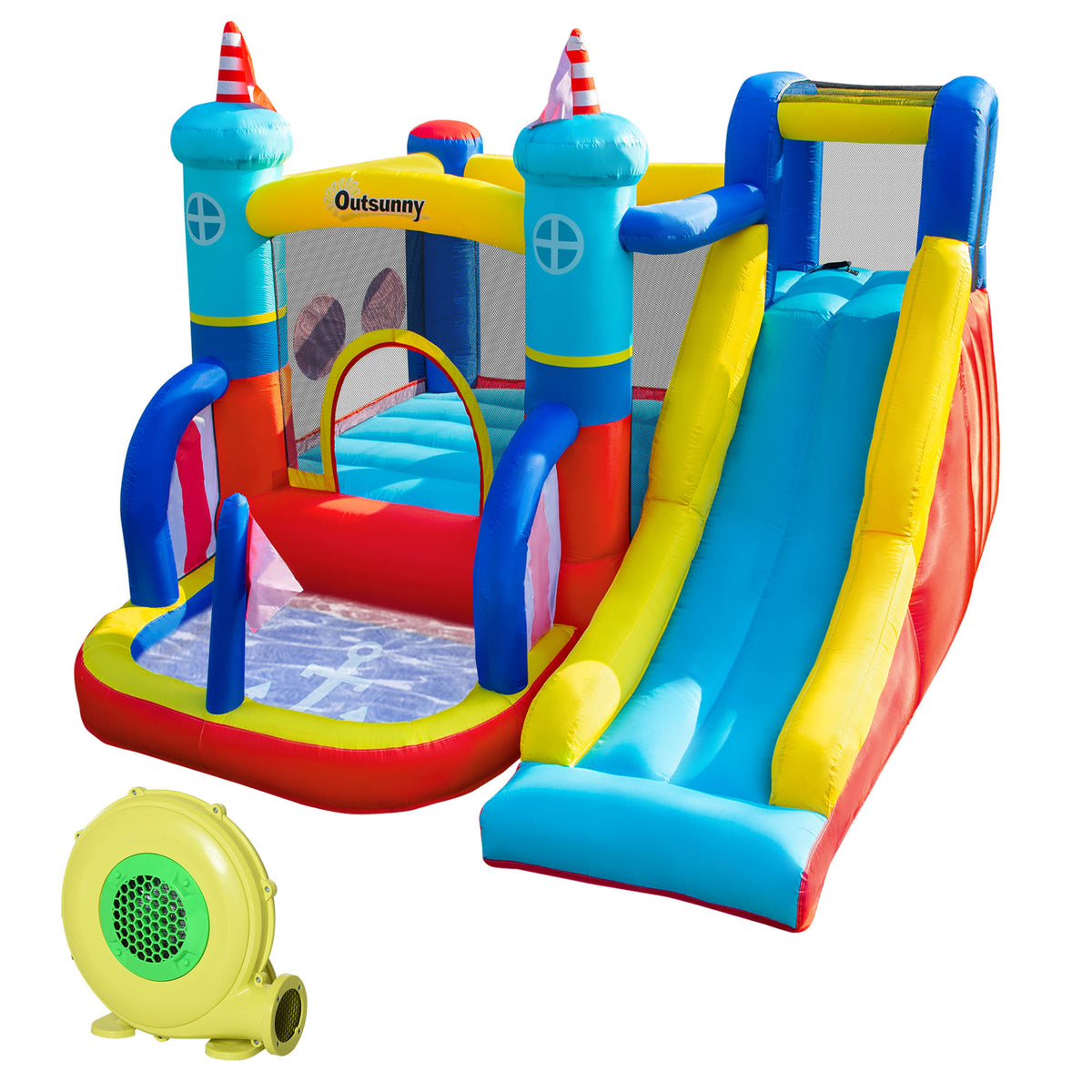 Kids Bouncy Castle, 4 in 1 Large Sailboat Style Inflatable House Slide Trampoline Water Pool Climbing Wall with Blower Carrybag for Kids Age 3-8, 2.65 x 2.6 x 2m