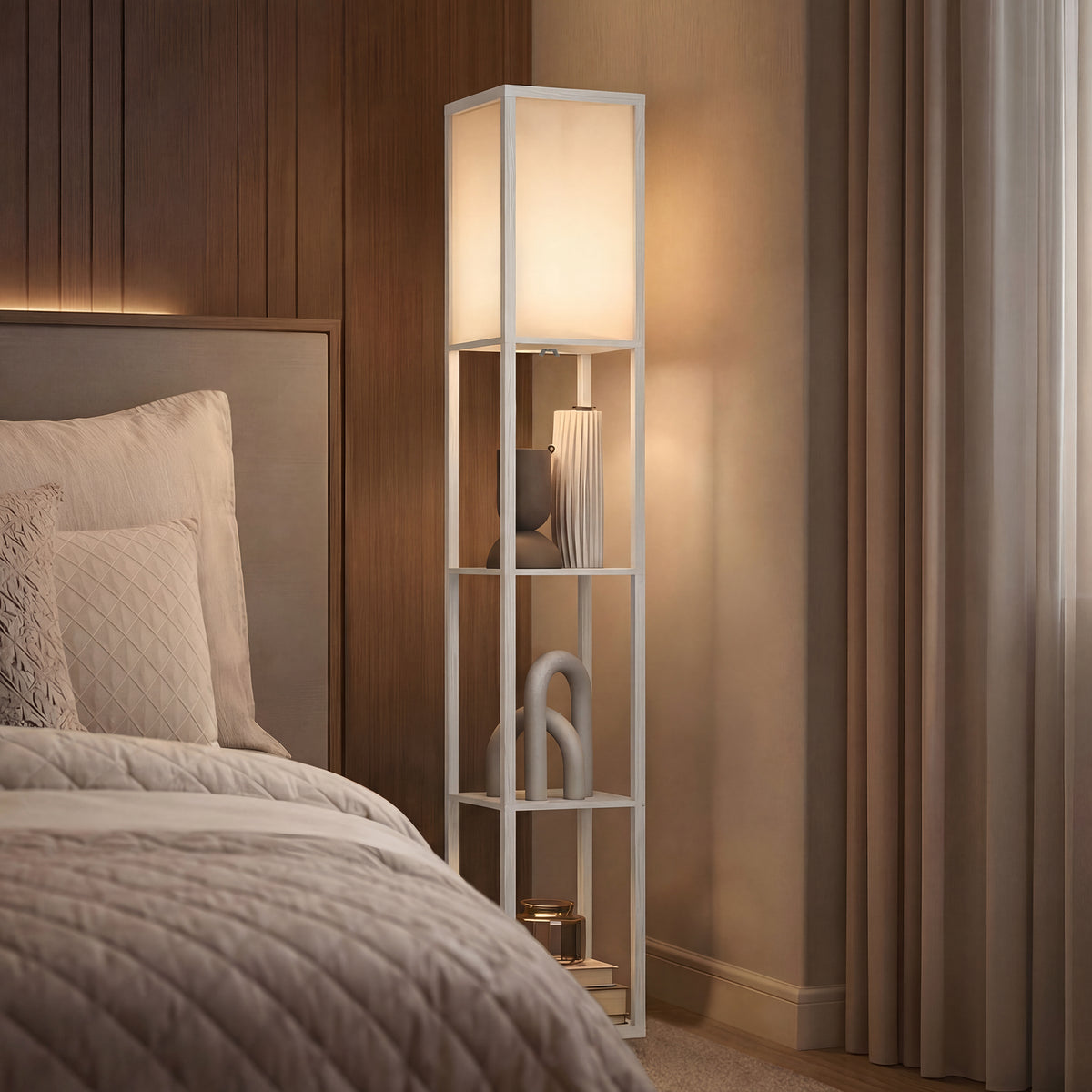 3-Tier Floor Lamp with Shelves and Storage, Modern Corner Standing Lamp with Lampshade, Foot Switch for Living Room, Bedroom, Home Office, Bulb not Included, White