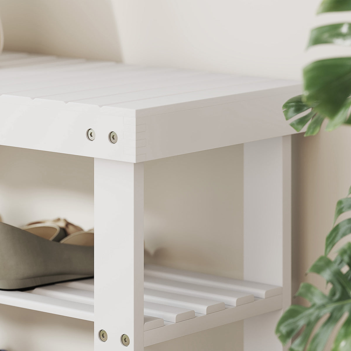 Two Shelf Bamboo Shoe Storage Bench - White