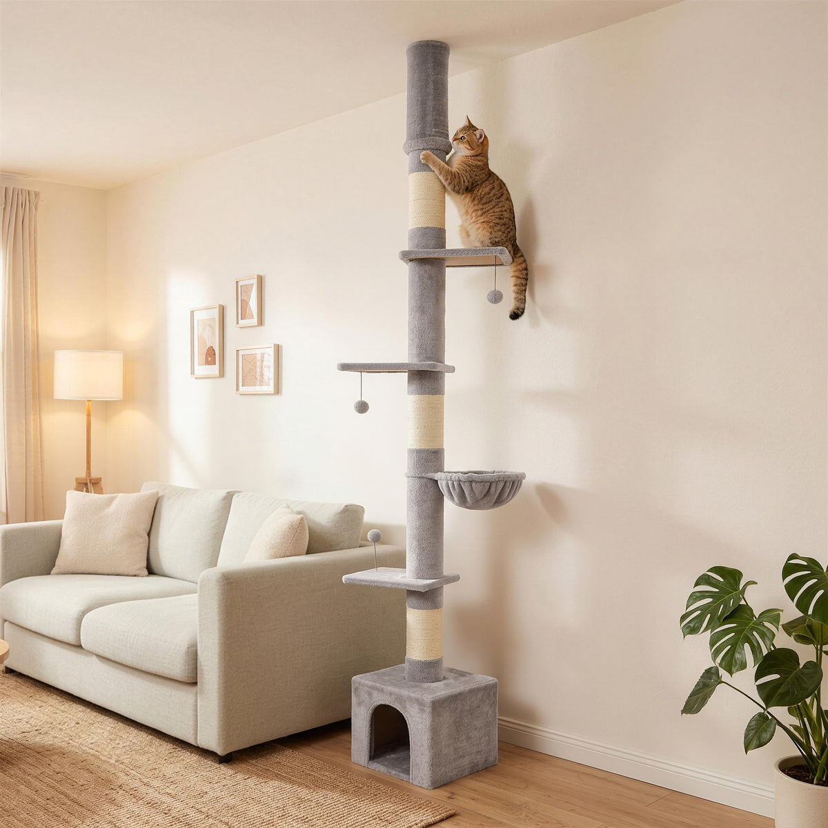 Floor to Ceiling Cat Tree, 230-250cm Multi-Level Cat Tower with Adjustable Height, Scratching Posts, Condo, Platforms