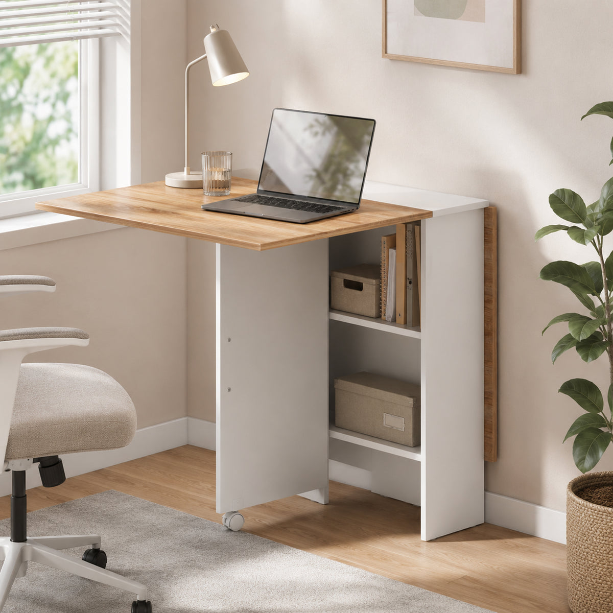 Folding Dining Table, Drop Leaf Table with 2-Tier Shelves, Rolling Casters, White and Natural