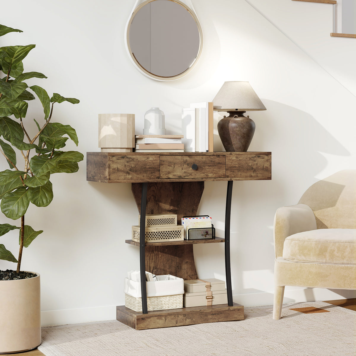 Console Table, 3-Tier Industrial Hallway Table with Drawer, Storage Shelves, 91 x 32 x 87 cm, Rustic Brown