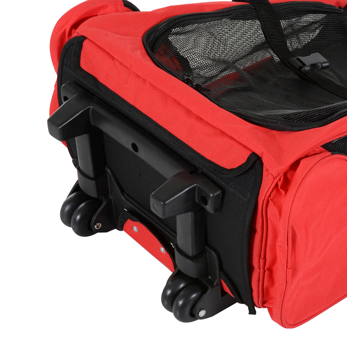 2 in 1 Dog Backpack and Trolley, Pet Travel Backpack Cat Dog Carrier with Telescopic Handle, Portable Pet Stroller Wheel Luggage Bag (Red)