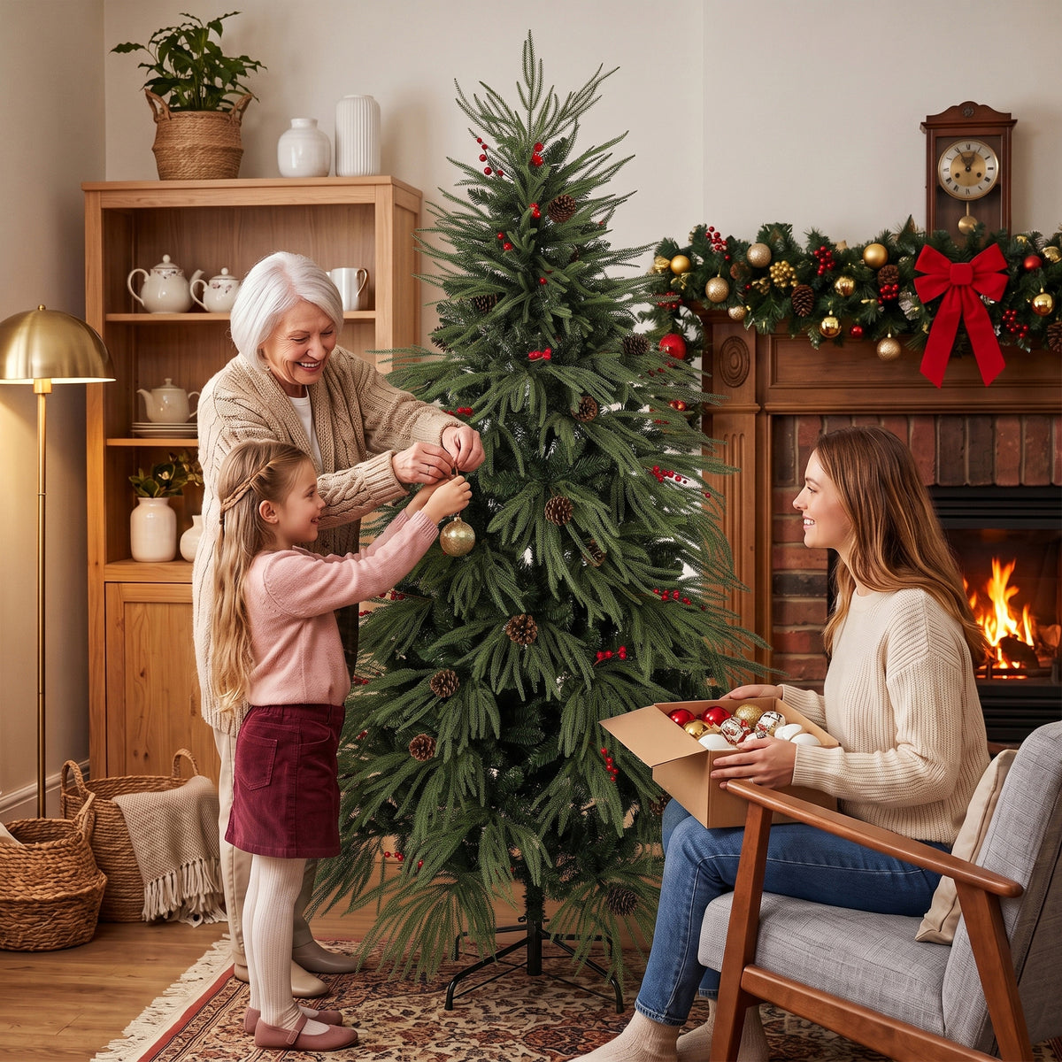 6ft Artificial Christmas Tree with Pinecones, Red Berries, Hinged Predecorated Xmas Tree with 2843 Branch Tips