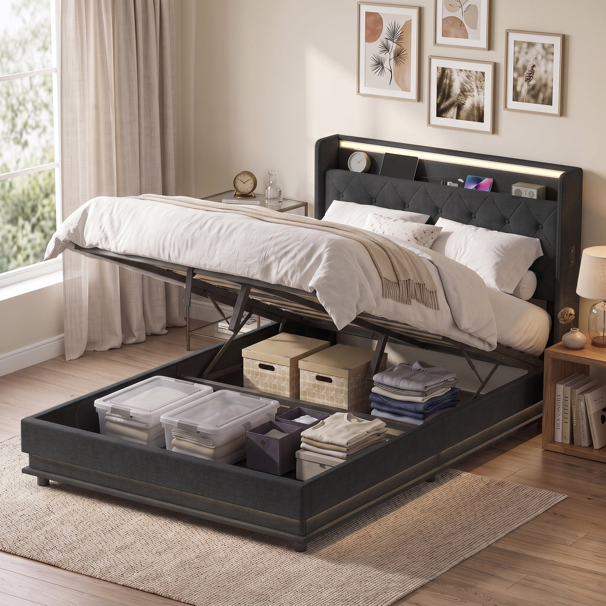 4ft6 Double Bed Frame with Headboard, Platform Bed Frame with Hydraulic Storage, LED Lights and Charging Station, Black