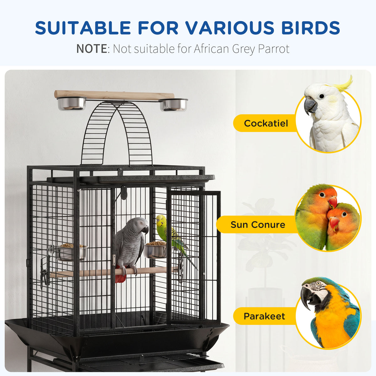 156cm Bird Cage, Parrot Cage with Open Play Top, Perch, Seed Guard, Wheels, Storage Shelf, Dark Grey