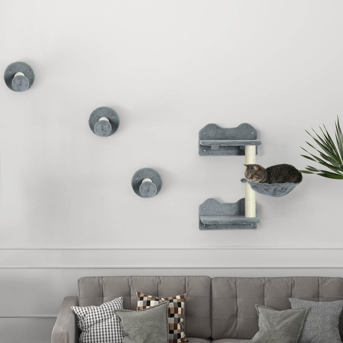 4 Piece Cat Shelf with Scratching Post, Wall-Mounted Cat Tree for Indoor Cat - Grey
