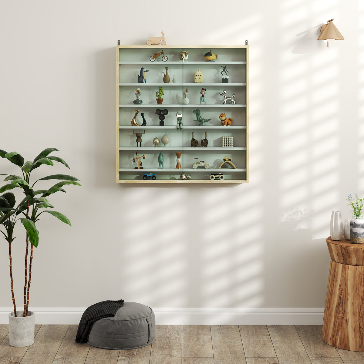 7-Tier Wall Display Shelf Unit Cabinet w/ 6 Adjustable Shelves Glass Doors Home Office Ornaments 83x80cm, Oak