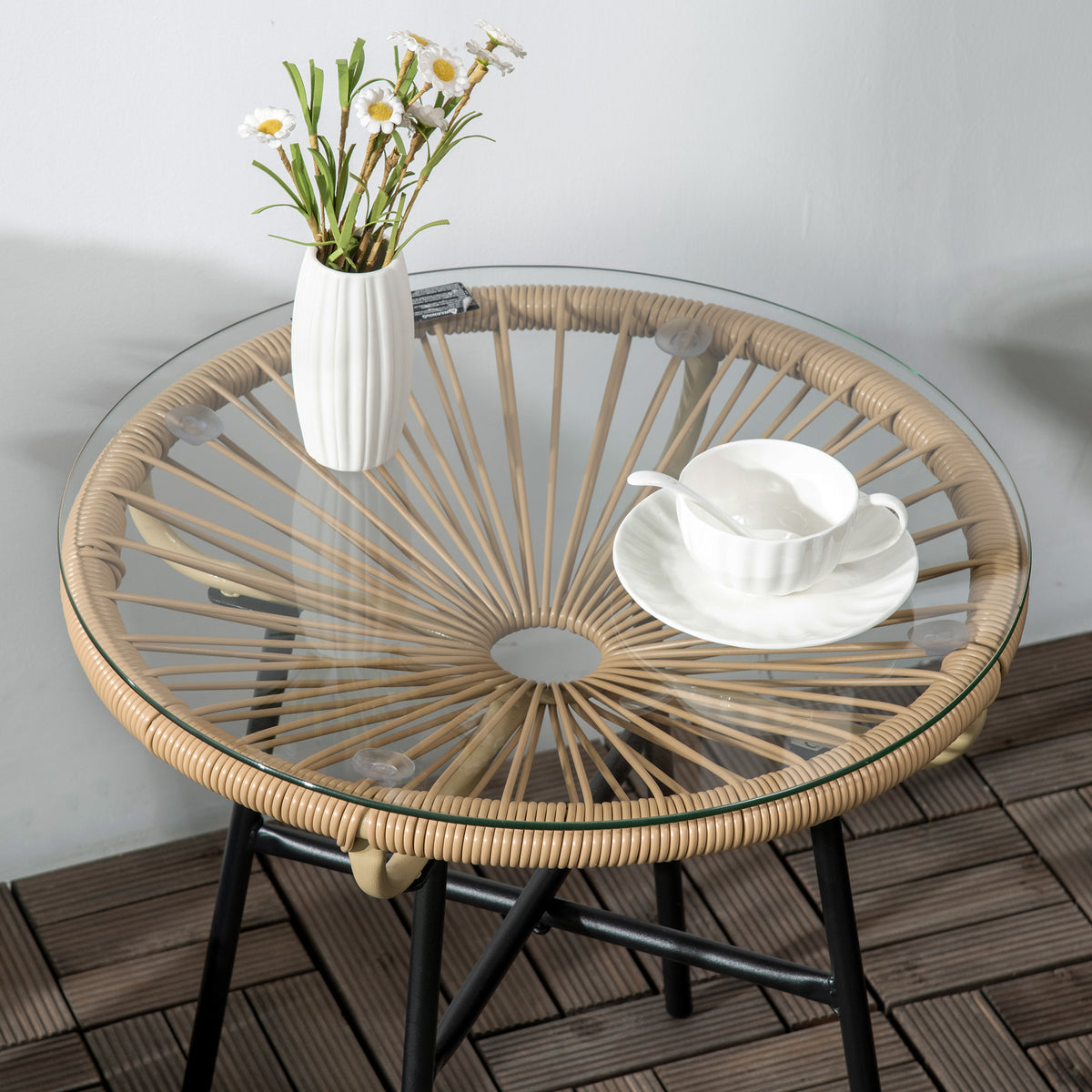 Rattan Side Table, Round Outdoor Coffee Table, with Round PE Rattan and Tempered Glass Tabletop for Patio, Garden, Balcony, Beige