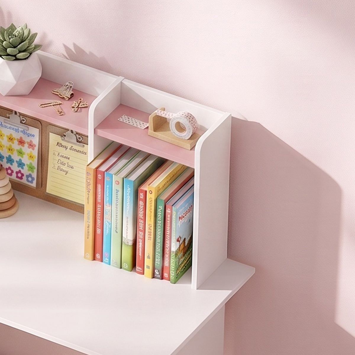 Kids Desk and Chair Set Storage Shelves Kids Desk Adjustable Tablet Stand Cork Board Pen Holder Pink