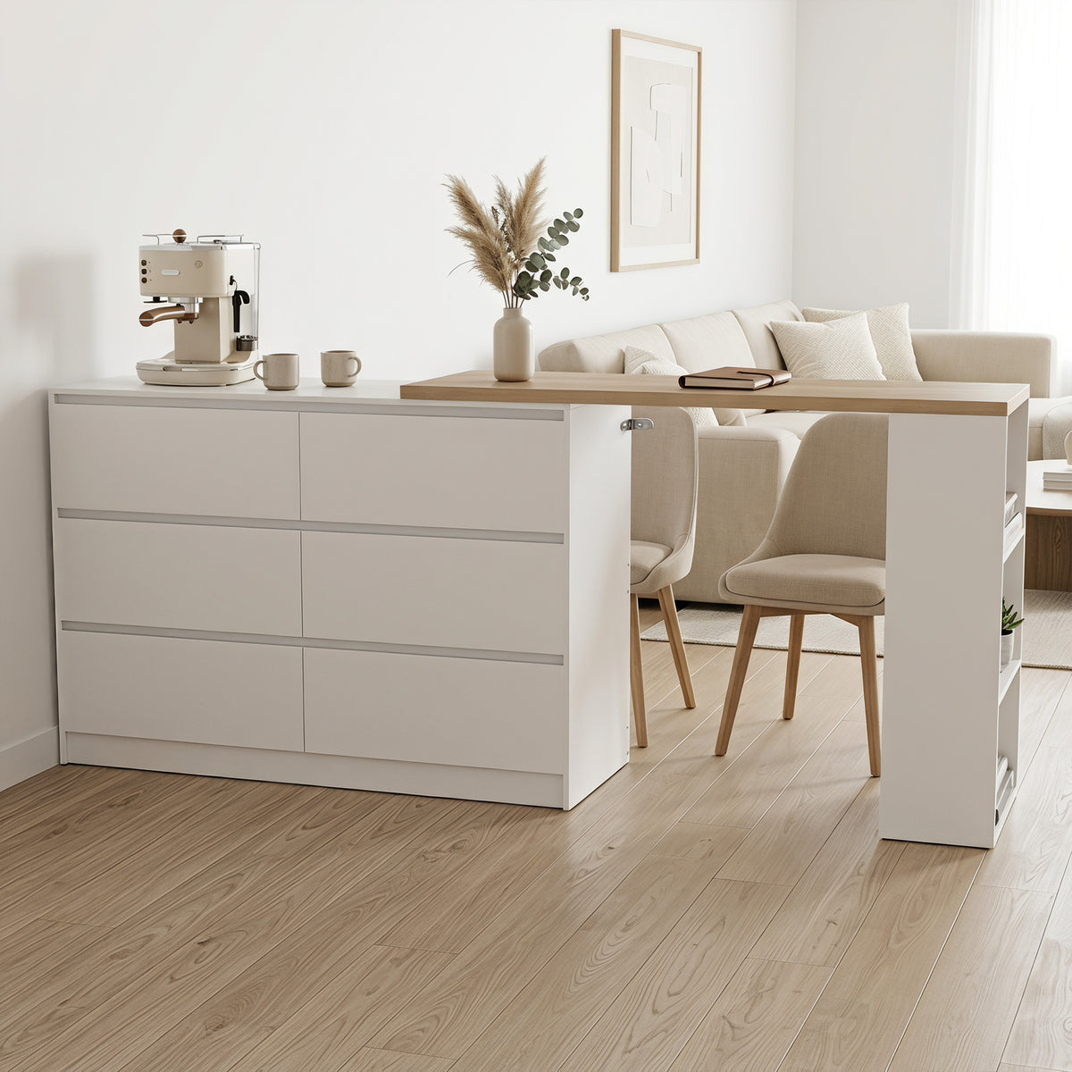 Vanity Table, Dressing Table with 6 Drawers and 3-Tier Shelf for Women and Girls, White