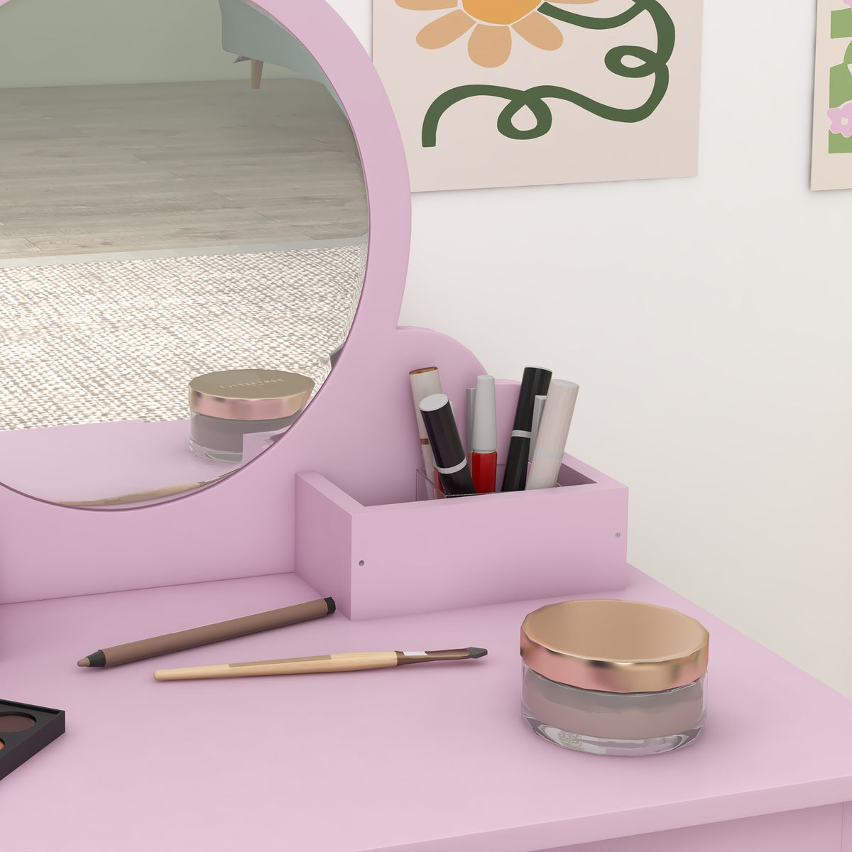 Kids Vanity Table with Mirror, Stool, Drawer, Storage Boxes, Cat Design, for Ages 3-6 Years - Pink