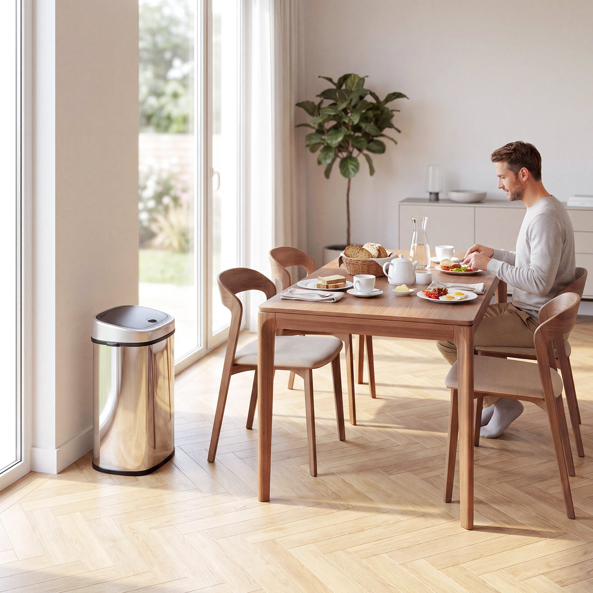 48L Motion Sensor Bin, Automatic Touchless Rubbish Bin with Fingerprint Resistant Stainless Steel for Kitchen, Hygienic Gyms, Home Office Use, Silver Tone