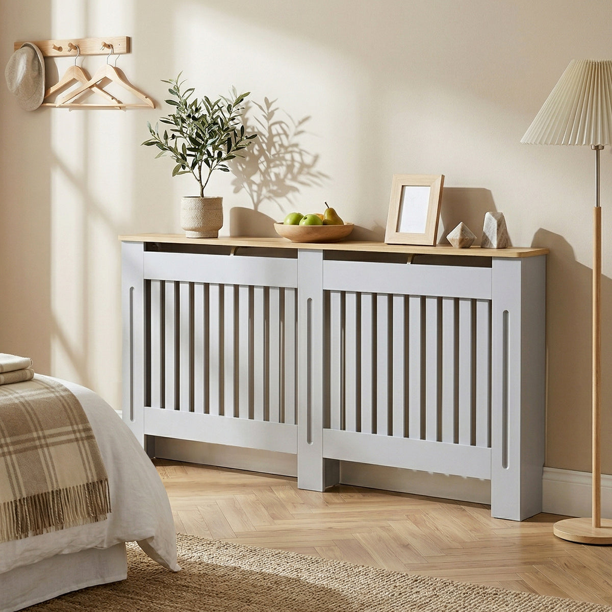 Slatted Radiator Cover, Painted Cabinet with Line Grill Design, 172W × 19D × 81H cm, Grey