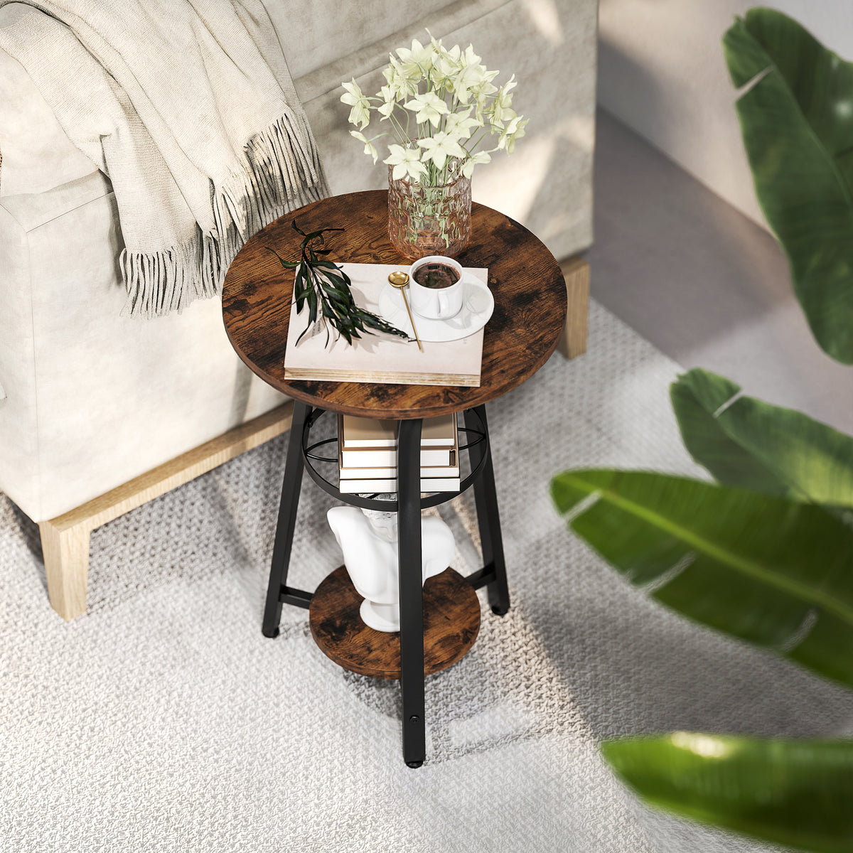 Small Round Side Table with 3 Storage Shelves - Rustic Brown