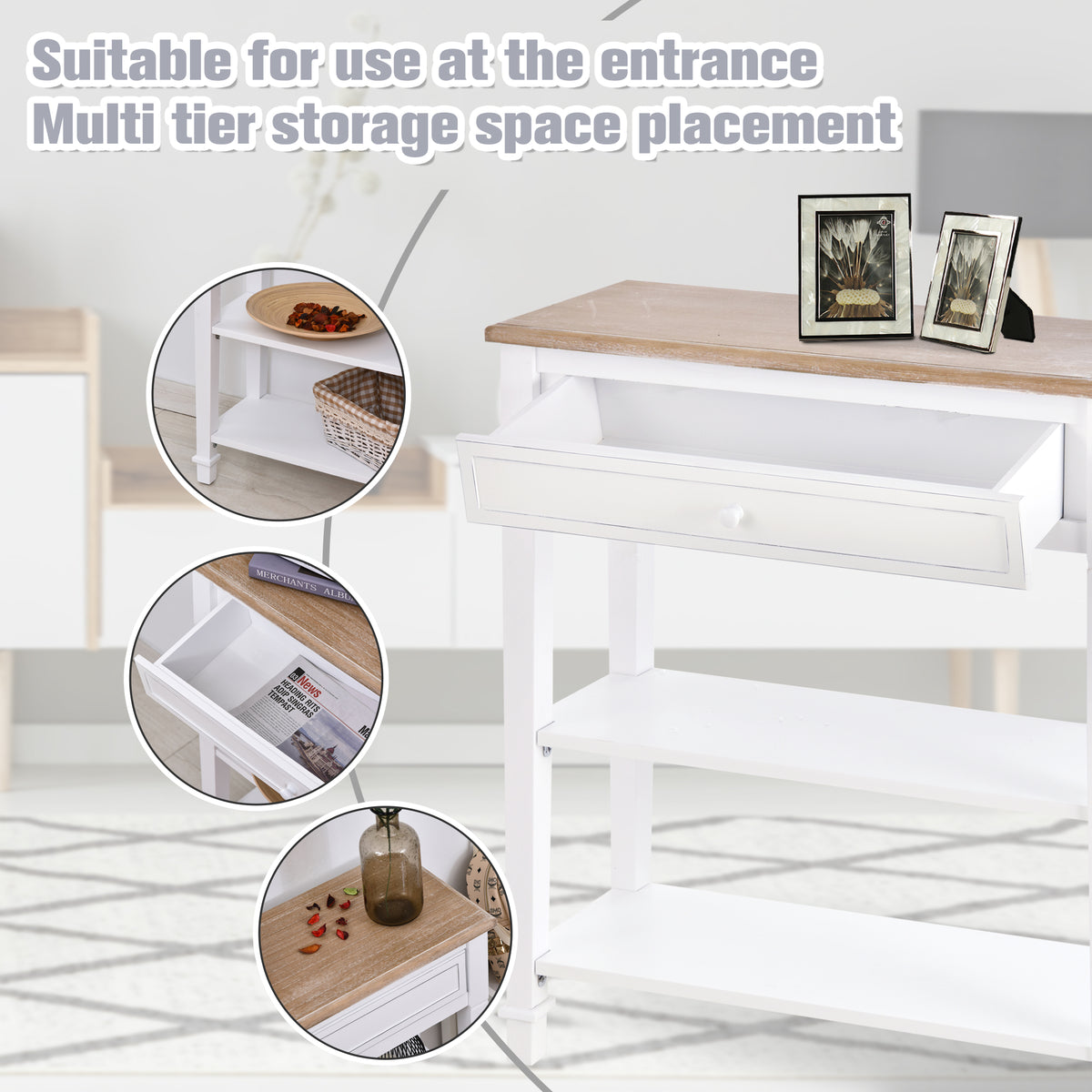 Console Table Hallway Side Desk 1 Drawer 2 Shelves Worktop Handle Retro Style Home Display Storage for Bedroom Livingroom
