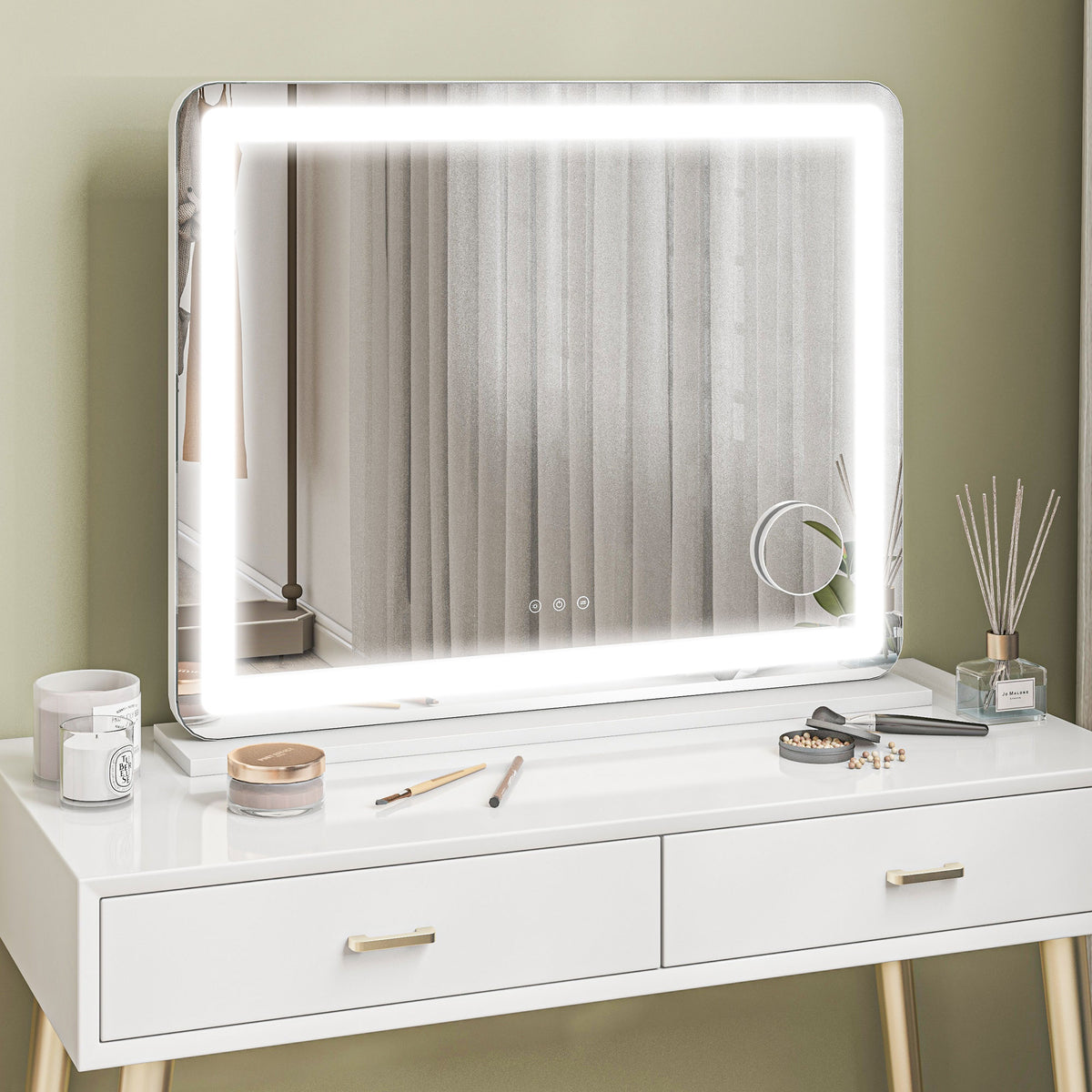 Vanity Mirror with Lights, Large 80x62 cm Lighted Makeup Mirror with 3 Colour, 10X Magnifying, USB Charging Port, Touch Screen, Tabletop or Wall Mounted Design, White