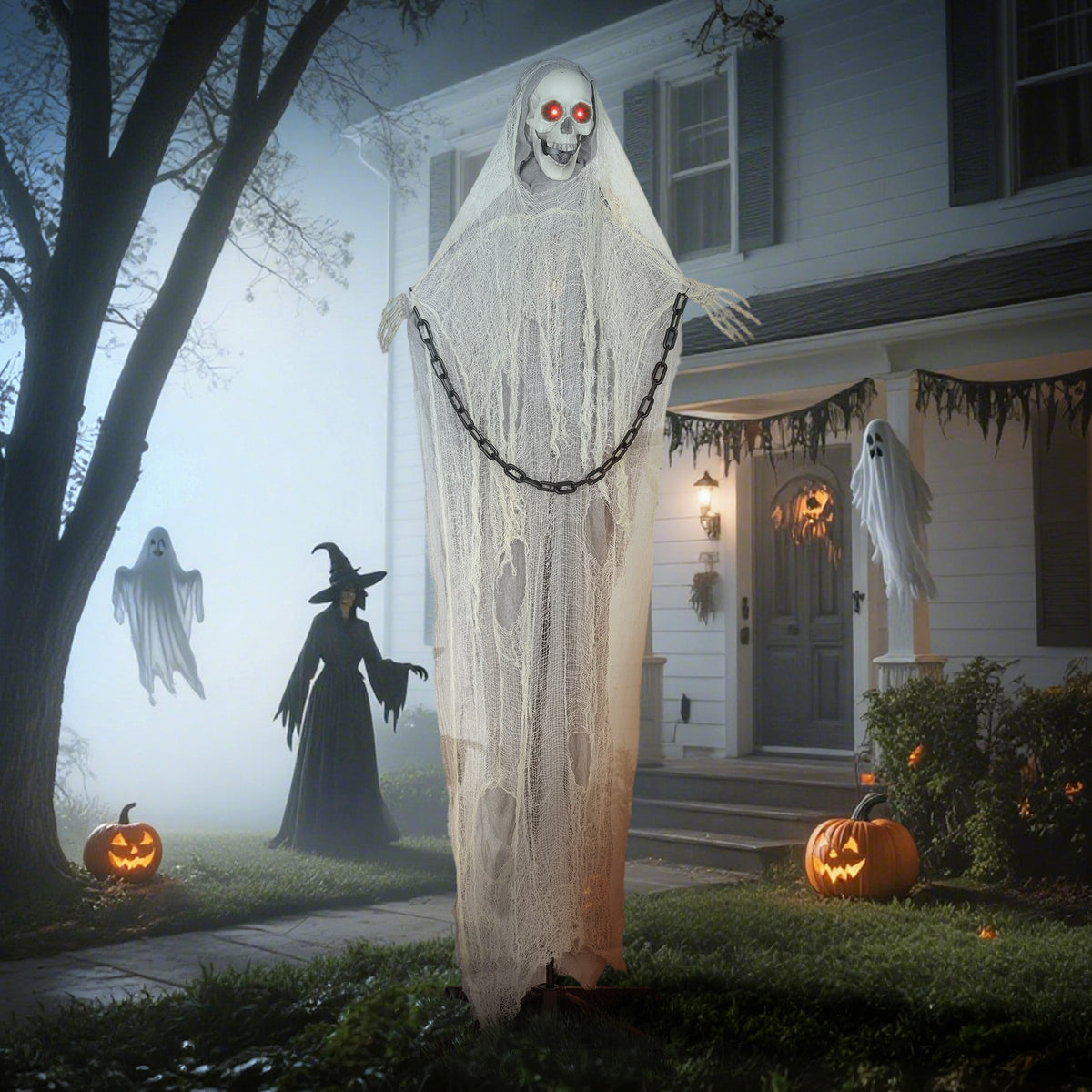 183 cm Life Size Halloween Animated Skeleton Grim Reaper with Glowing LED Eyes, Scary Halloween Decorations, Battery Operated, Indoor Party Props