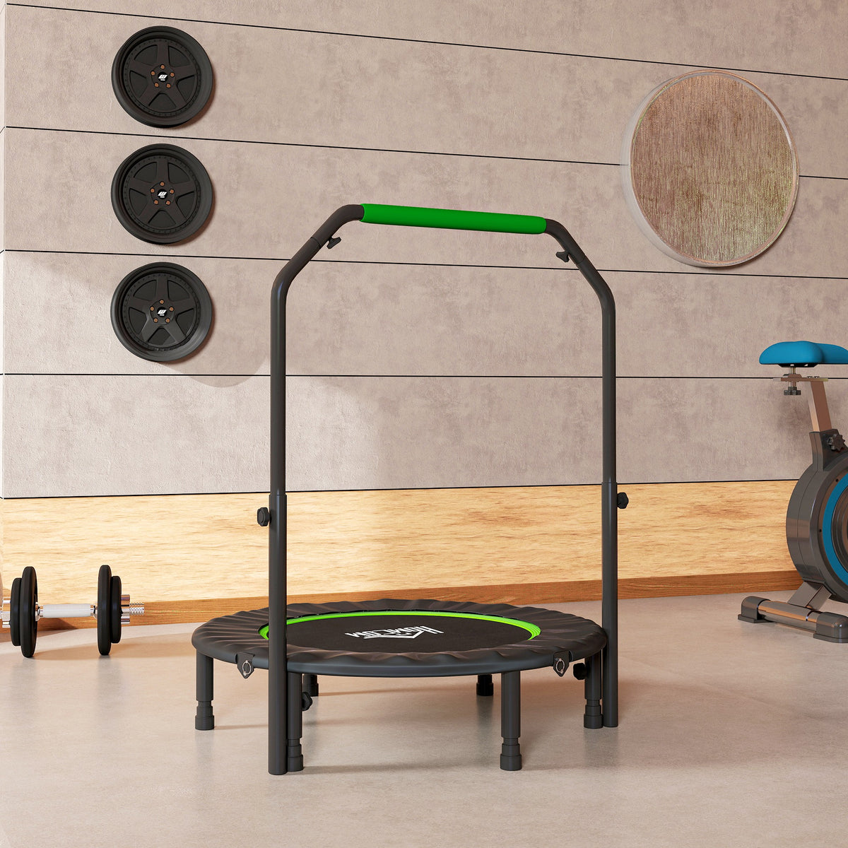 40" Foldable Mini Fitness Trampoline, with Adjustable Foam Handle, Green