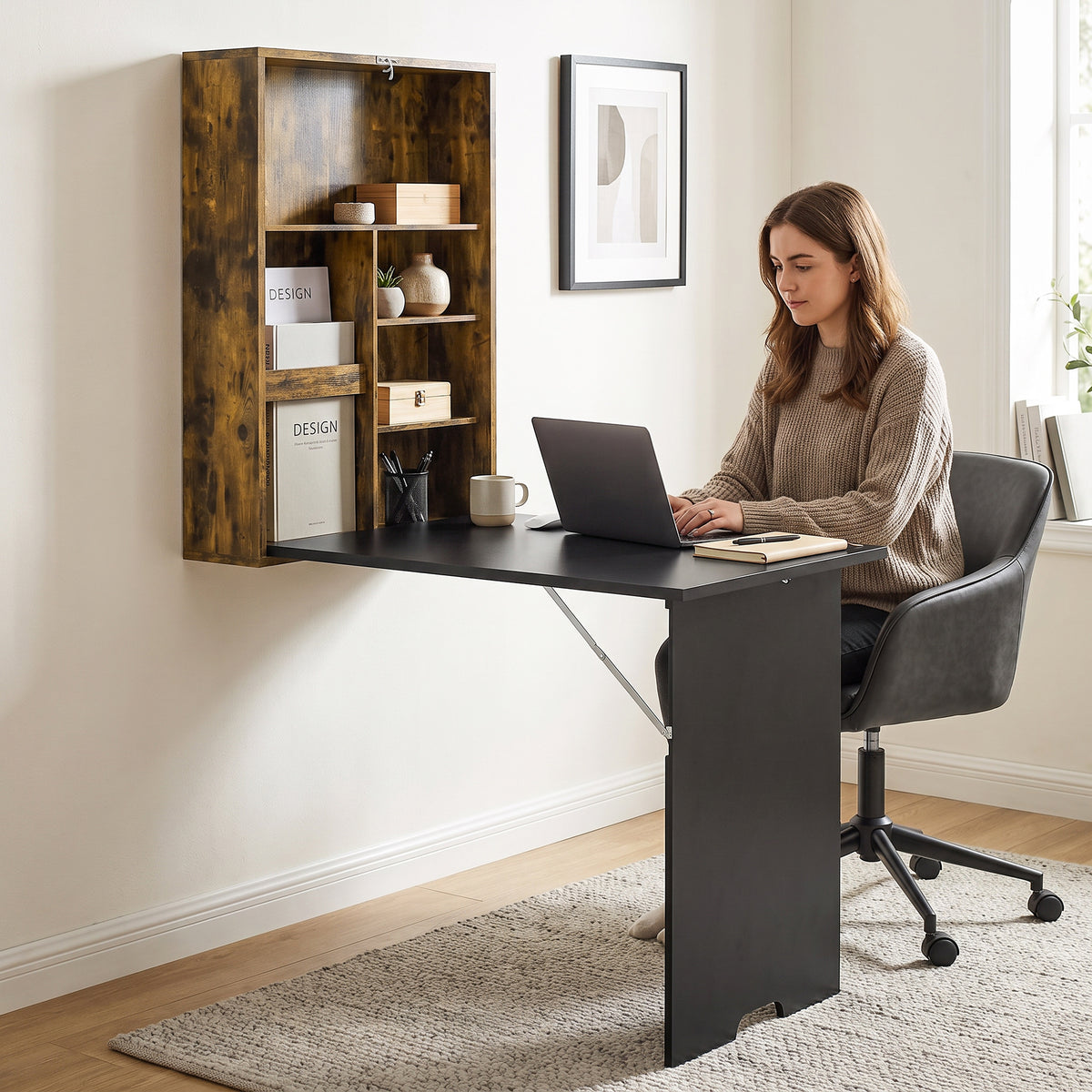 Folding Wall-Mounted Drop-Leaf Table, Convertible Wall Table With Chalkboard and Storage Shelf, Rustic Brown
