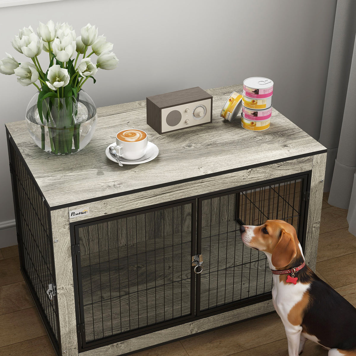 Dog Crate Furniture with Wheels, Double Doors, for Medium Dogs, Grey