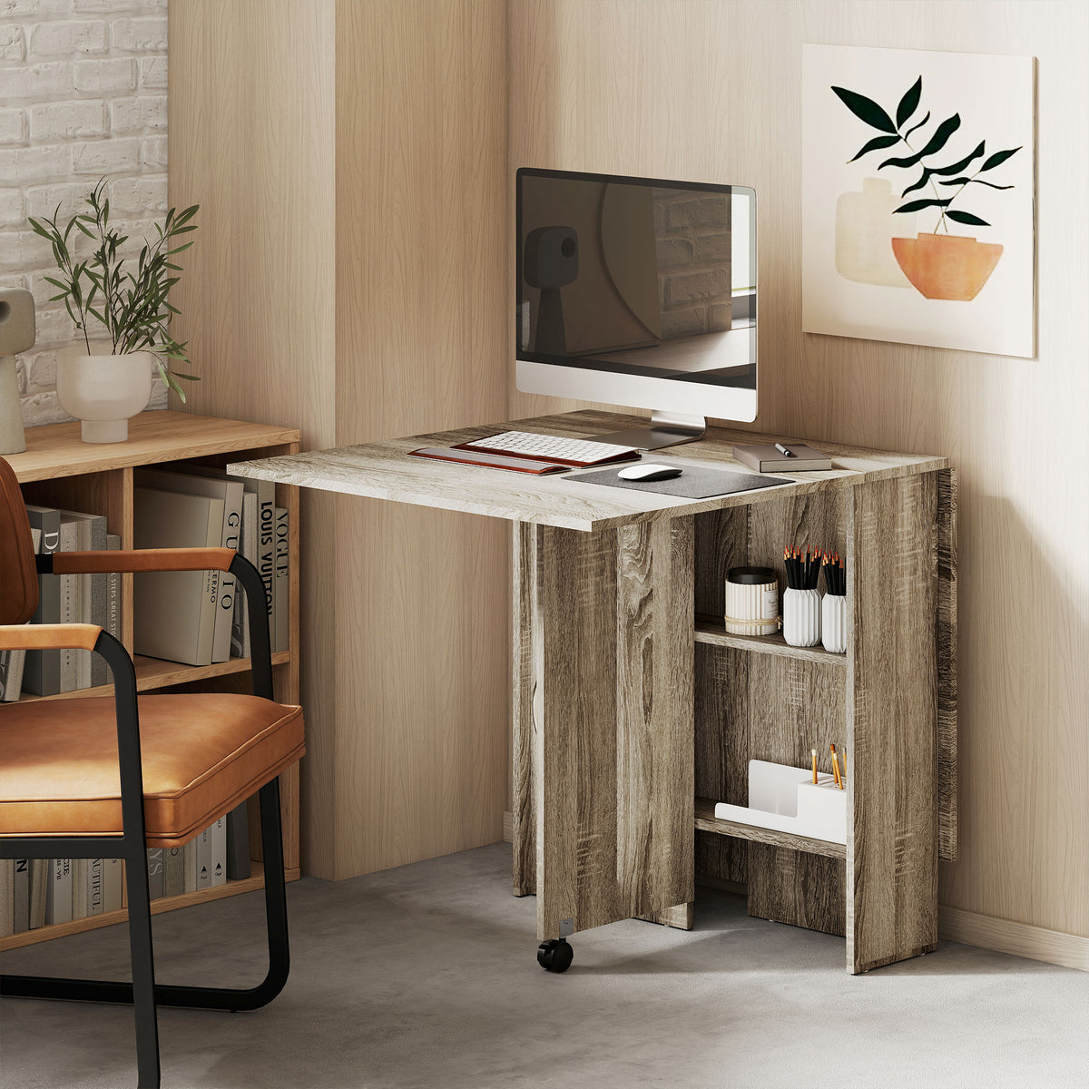 80-140 cm Folding Dining Table for 4-6 People, Drop Leaf Table with 2-Tier Shelves, Rolling Casters, for Small Spaces, Kitchen, Flat, Dining Room, Grey