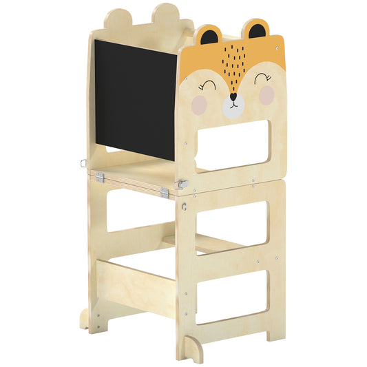 Toddler Step Stool, Standing Tower with Chalkboard, 3-in-1 Fox-Shaped Step Stool for Kitchen Counter