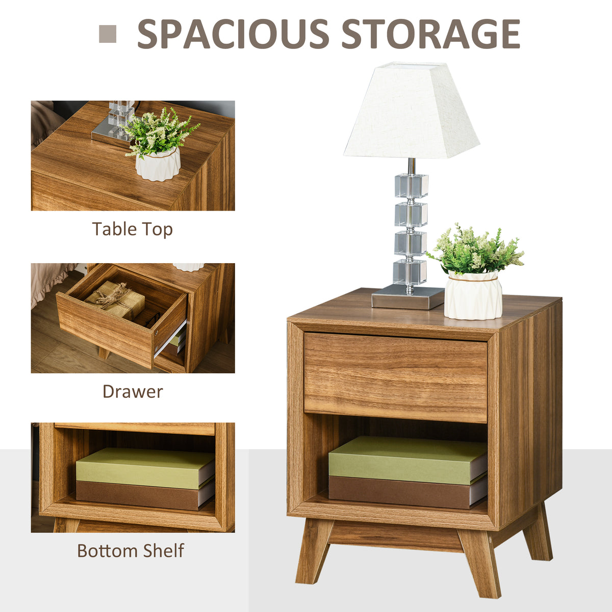 Modern Bedside Table Nightstand, Living Room End Table, Side Table with Drawer and Shelf, Walnut Brown