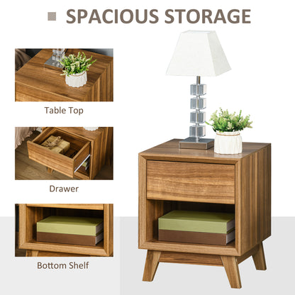 Modern Bedside Table Nightstand, Living Room End Table, Side Table with Drawer and Shelf, Walnut Brown