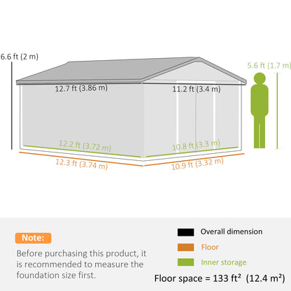 13 x 11ft Metal Garden Shed, Waterproof Outdoor Bike Storage Shed Galvanised with Vents, Foundation Kit, Apex Roof and Lockable Double Doors for Patio Lawn, Light Brown
